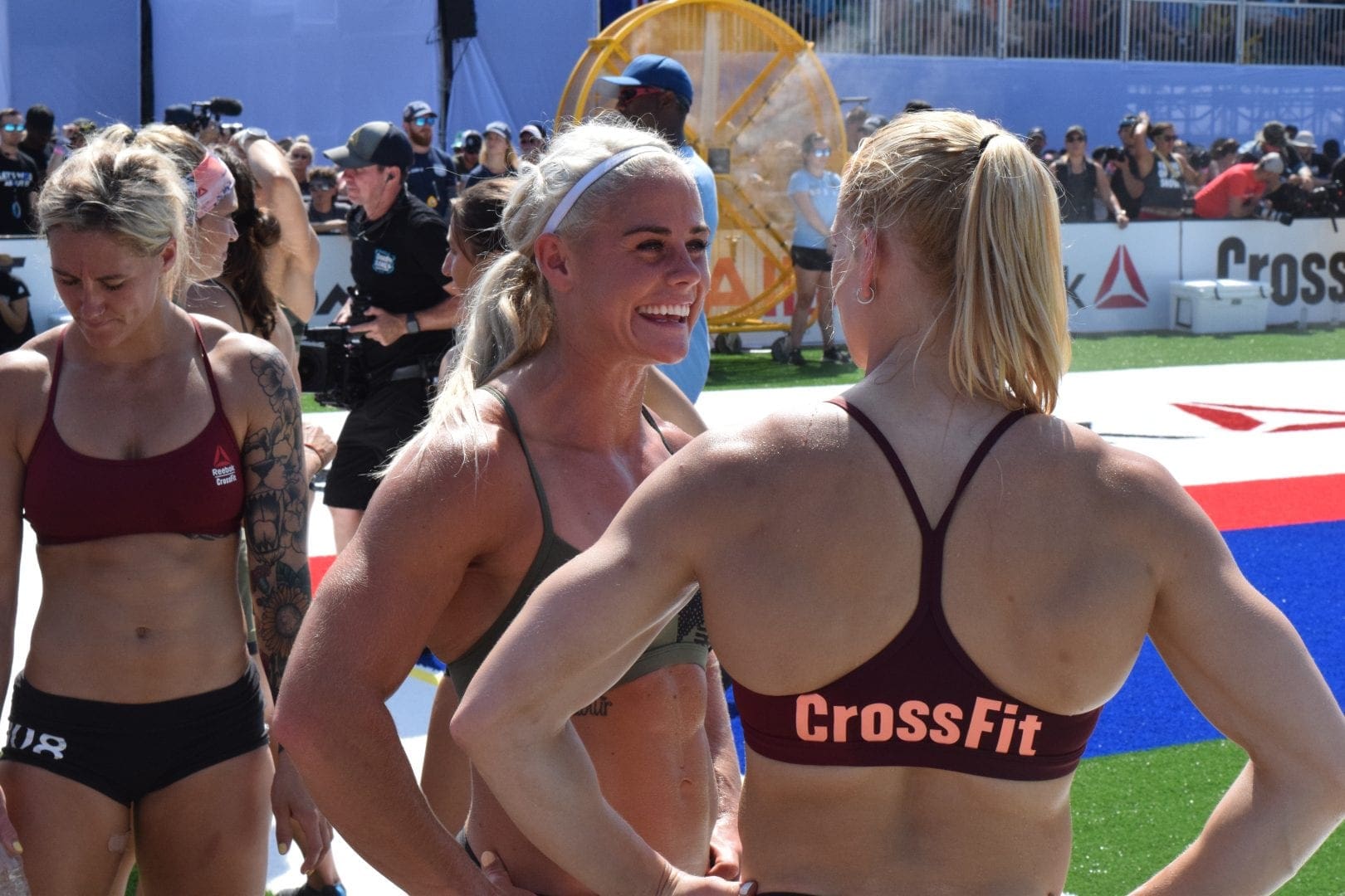 Annie Thorisdottir and Sara Sigmundsdottir talk between heats of the Sprint event at the 2019 CrossFit Games