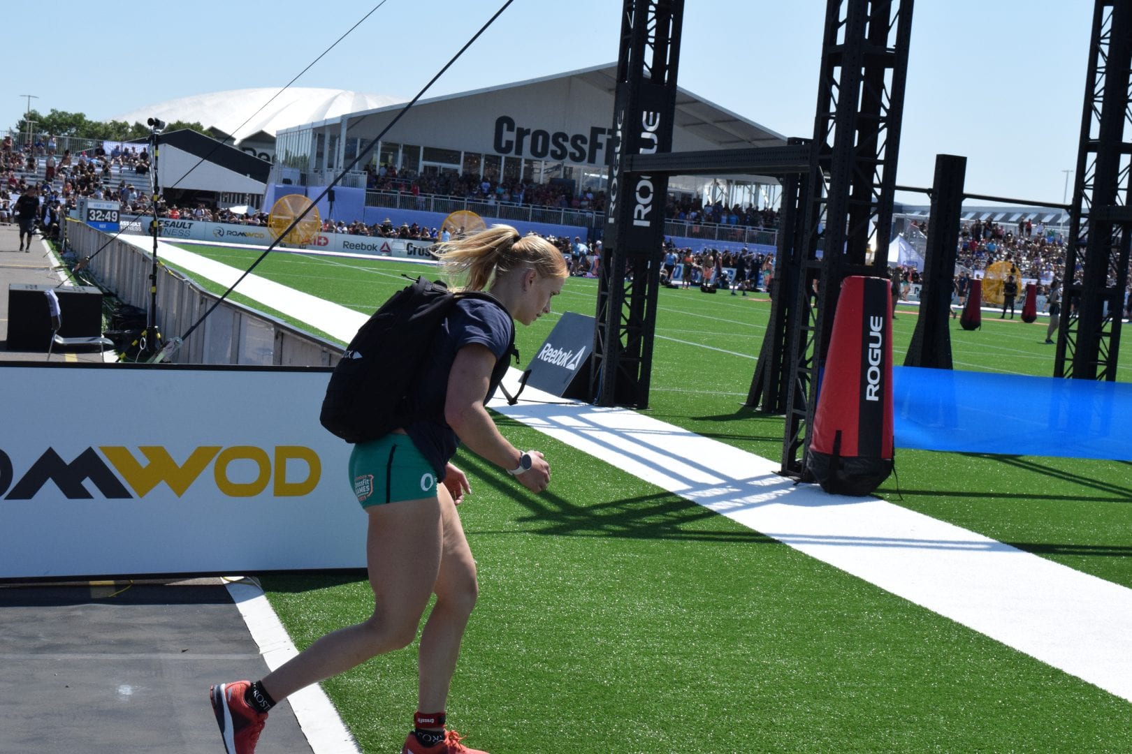 Annie Thorisdottir approaches the finish line of the Ruck Run event at the 2019 CrossFit Games