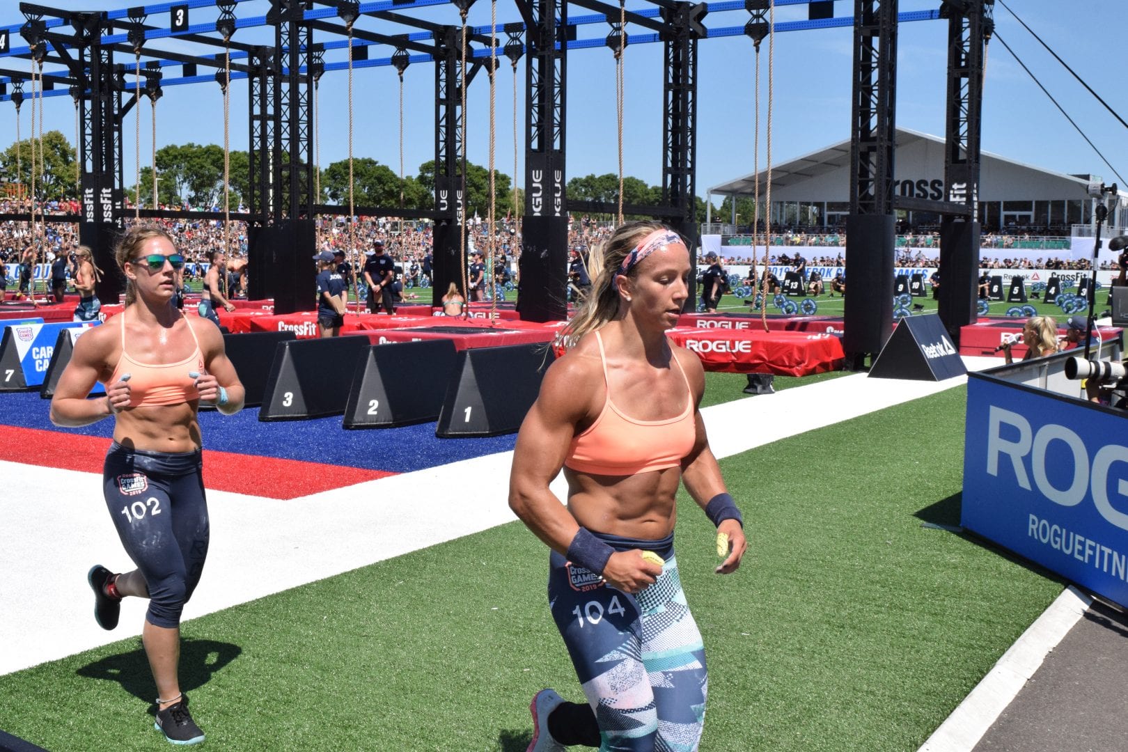 Brooke Wells chases Amanda Barnhart out of the stadium at the 2019 CrossFit Games