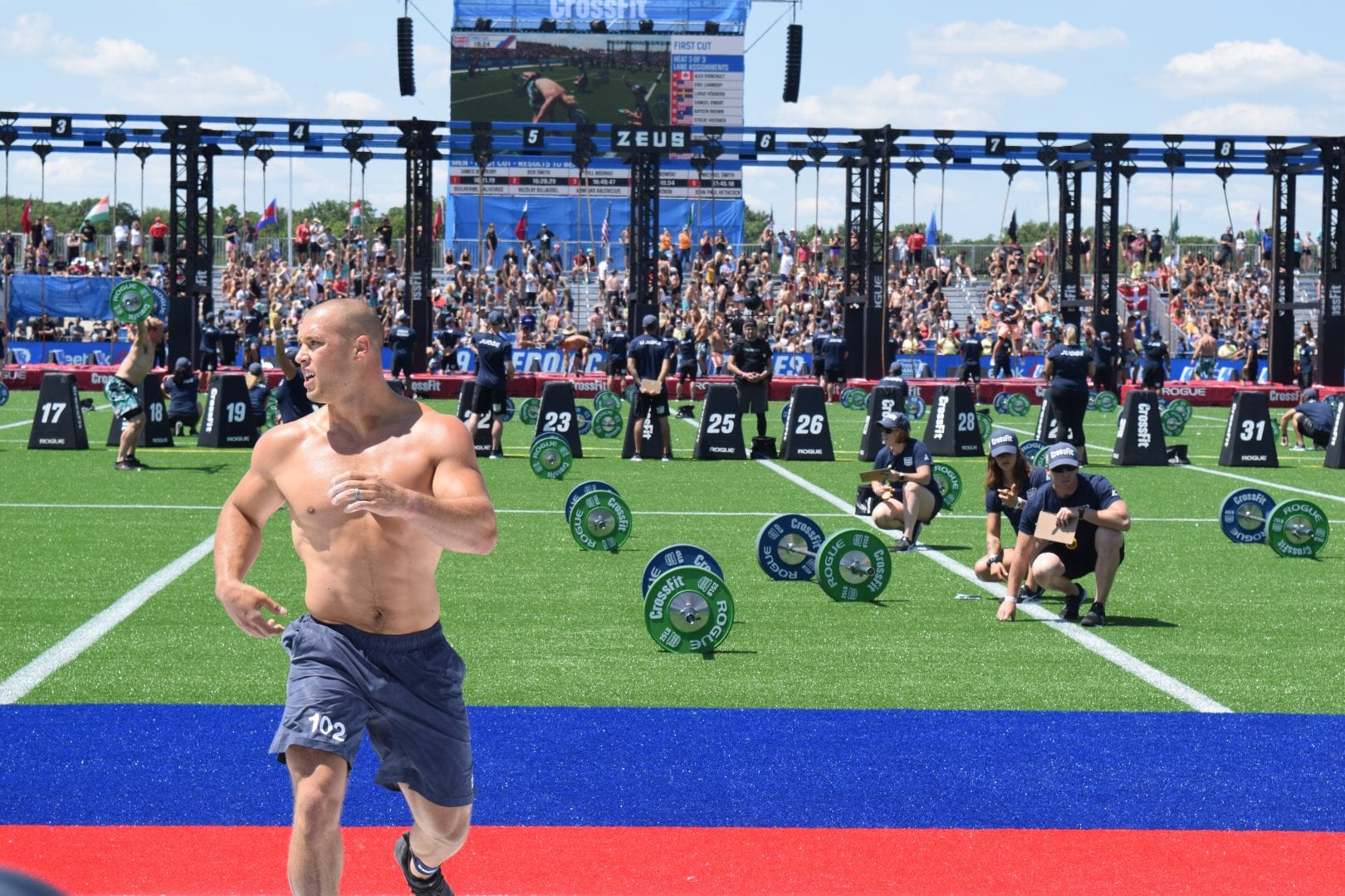 Cole Sager crosses the finish line during the first event of the 2019 CrossFit Games