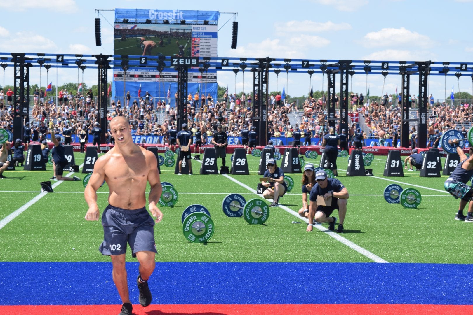 Cole Sager crosses the finish line during the first event of the 2019 CrossFit Games