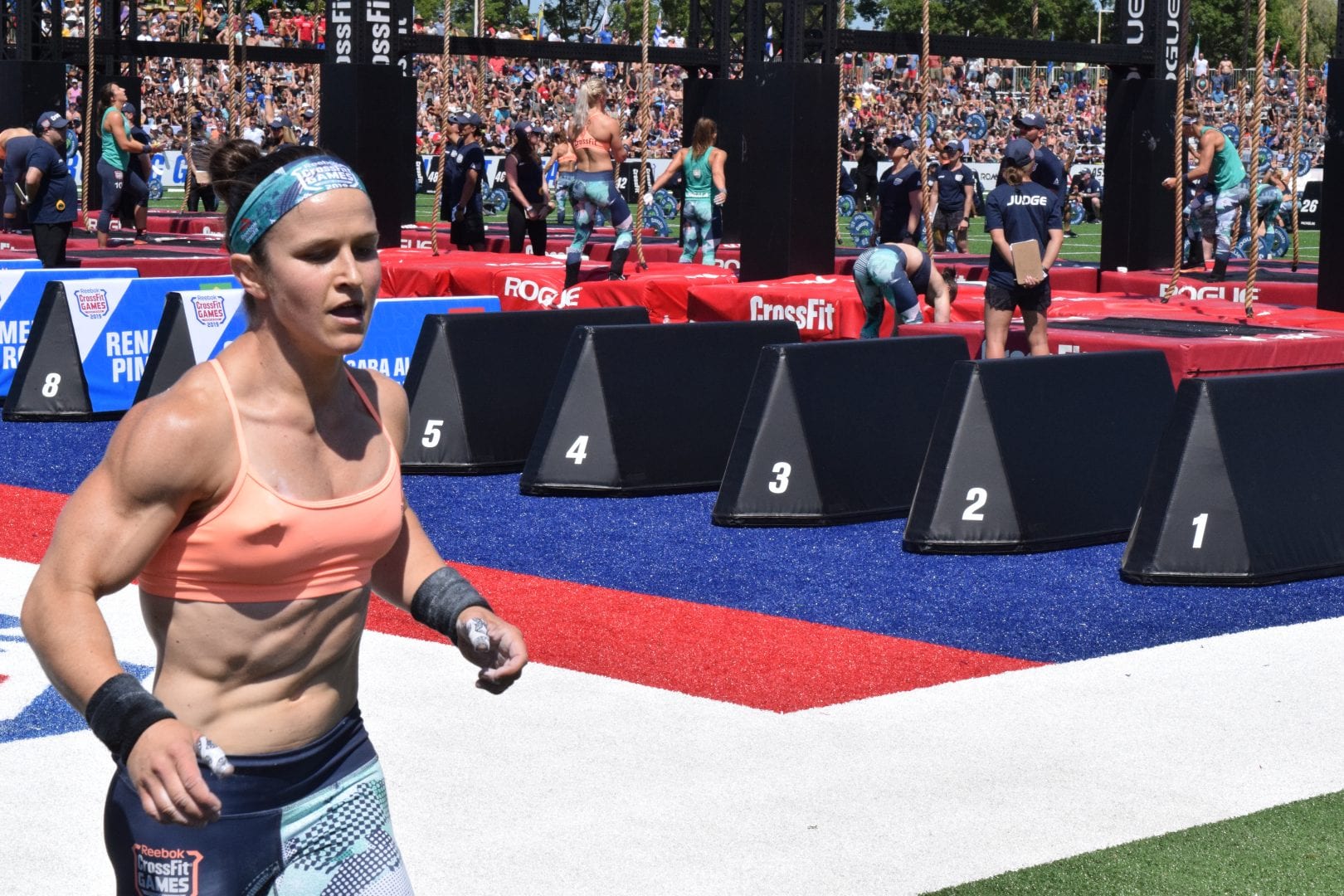 Kari Pearce completes a run before legless rope climbs at the 2019 CrossFit Games