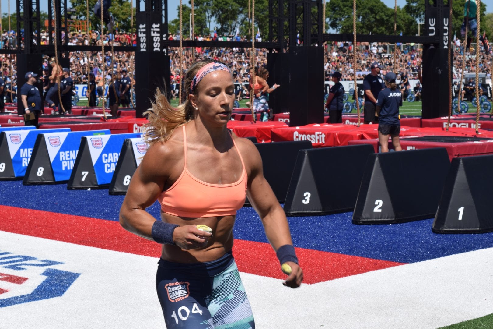 Amanda Barnhart heads out for a run before another round of legless rope climbs at the 2019 CrossFit Games