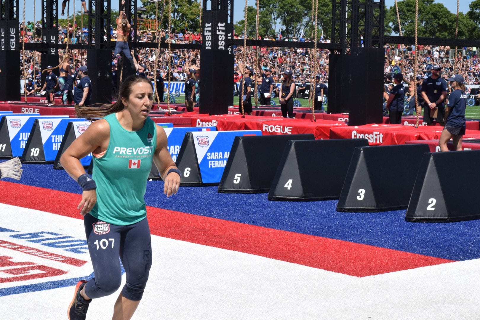 Carolyne Prevost completes a run before returning to legless rope climbs at the 2019 CrossFit Games