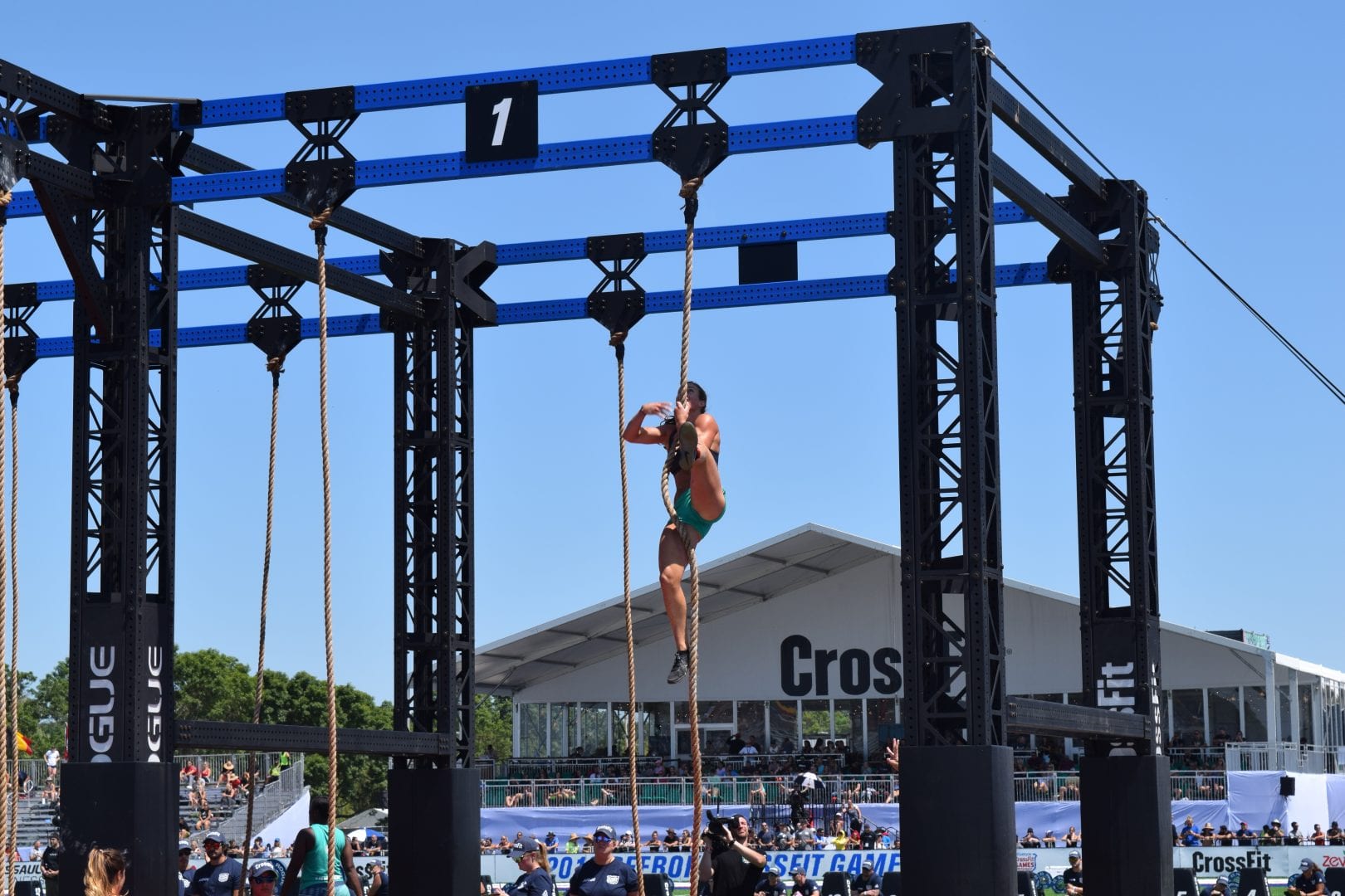 Emily Rolfe completes a legless rope climb at the 2019 CrossFit Games