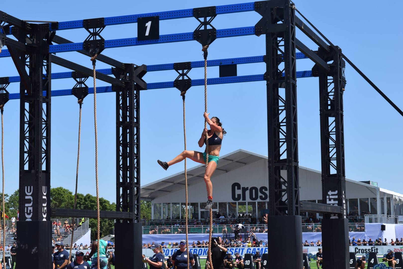 Emily Rolfe completes a legless rope climb at the 2019 CrossFit Games